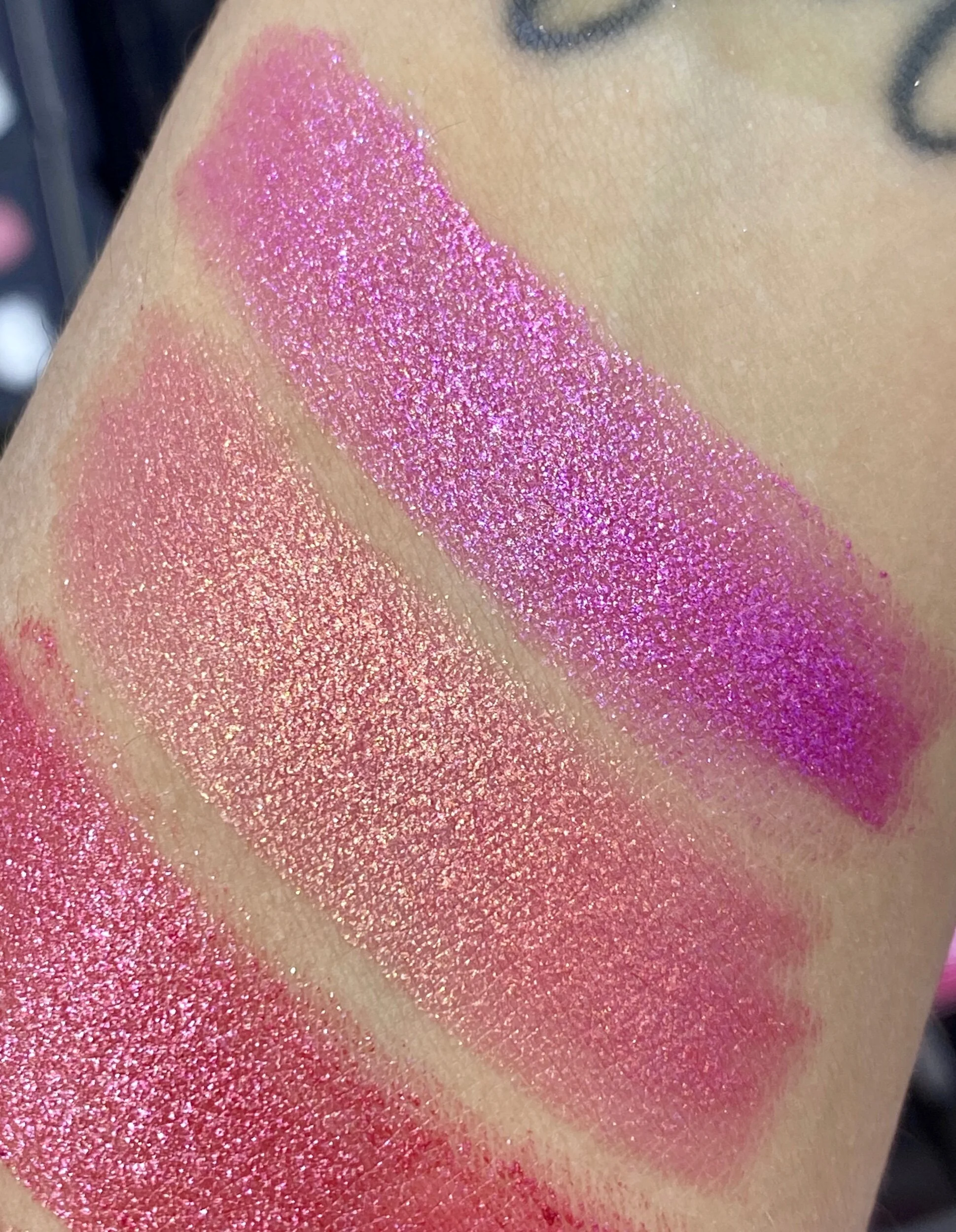 Makeup Forever Rouge Artist Sparkle Lipstick Swatches - 002 Glistening Spinel, 003 Glistering Sunstone, 004 Dazzling Ruby
