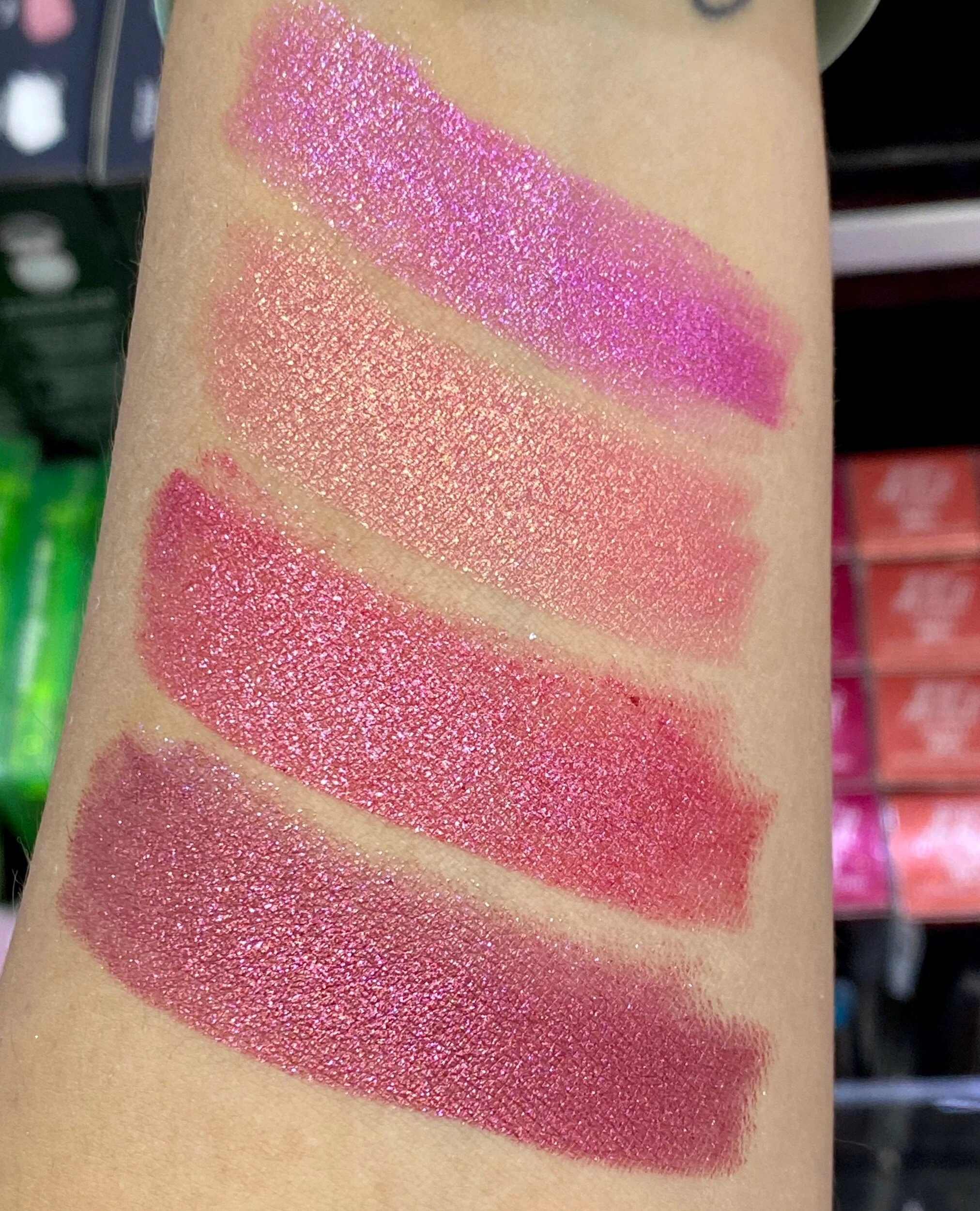 Makeup Forever Rouge Artist Sparkle Lipstick Swatches - 002 Glistening Spinel, 003 Glistering Sunstone, 004 Dazzling Ruby, 005 Shining Garnet