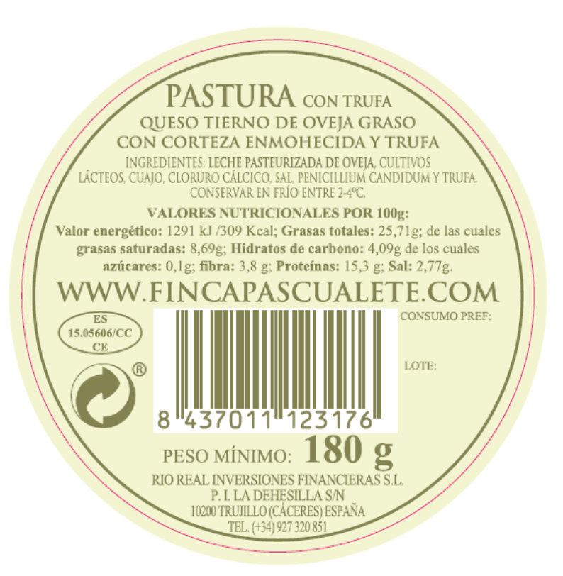 Etiqueta trasera queso mini torta FINCA PASCUALETE