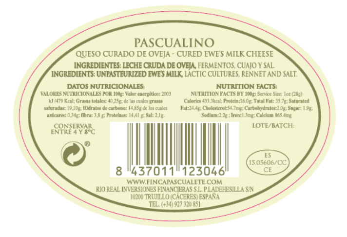 Etiqueta trasera queso mini torta FINCA PASCUALETE