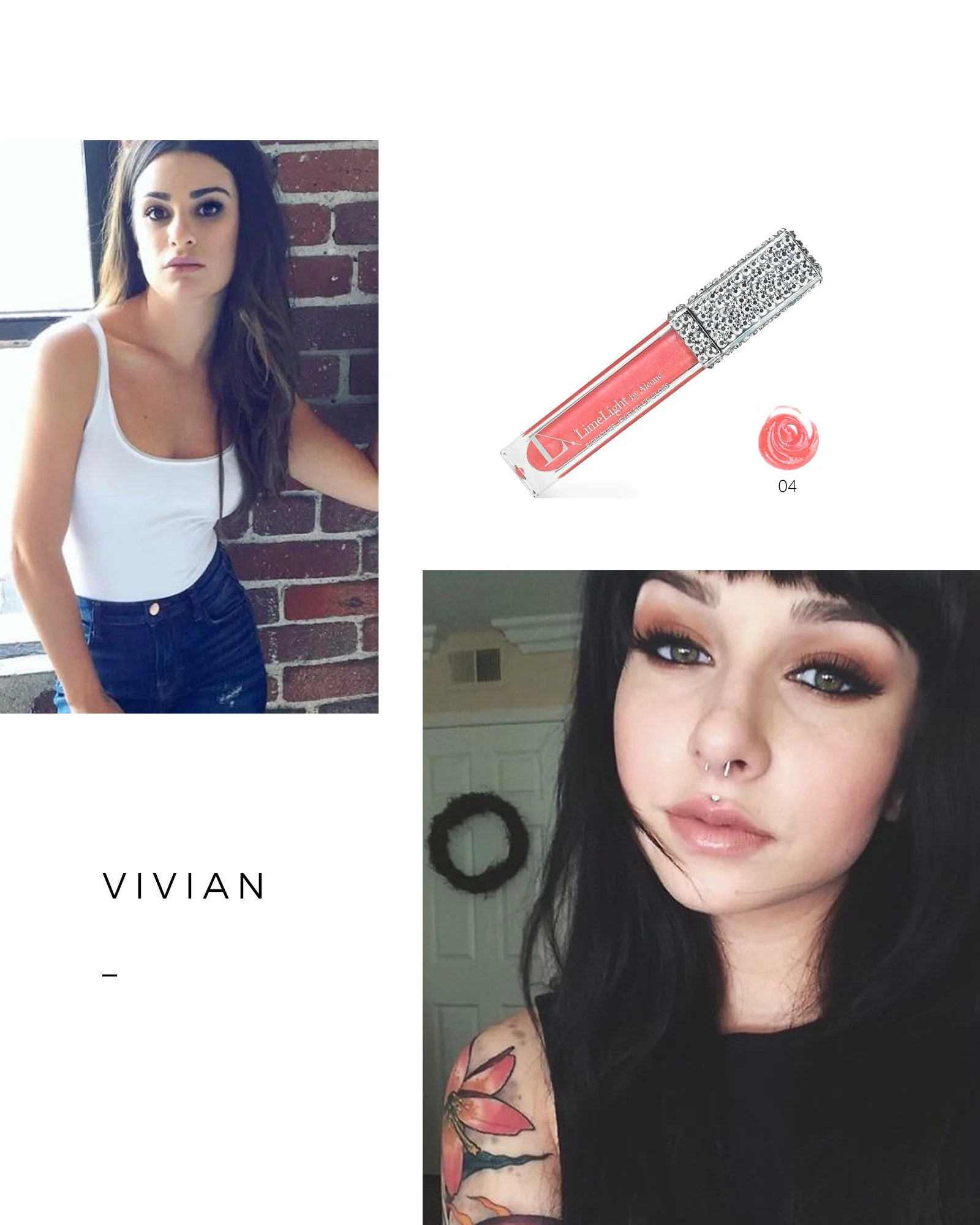 Makeup and outfit mood board inspiration for a modeled LimeLife by Alcone shoot. Images pulled from Pinterest and LimeLife.