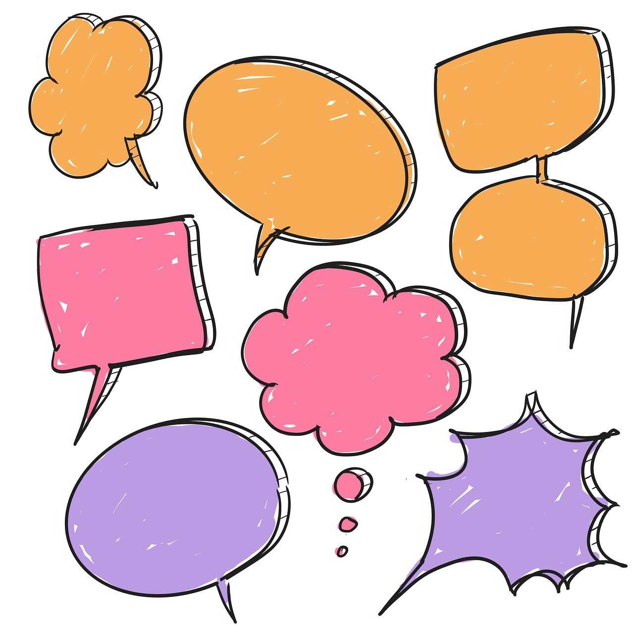 8 speech bubbles in pastel colours