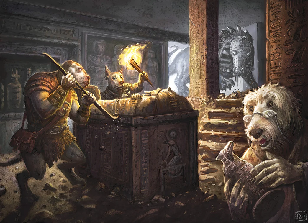 Pugmire is a world that juxtaposes the tropes of high fantasy with our relationship with domestic dogs. The main characters are pioneers that explore lost ruins in search of relics, knowledge, and danger. Enemies can either be monstrous or simply other misunderstood people, such as the cats of the Monarchies of Mau.