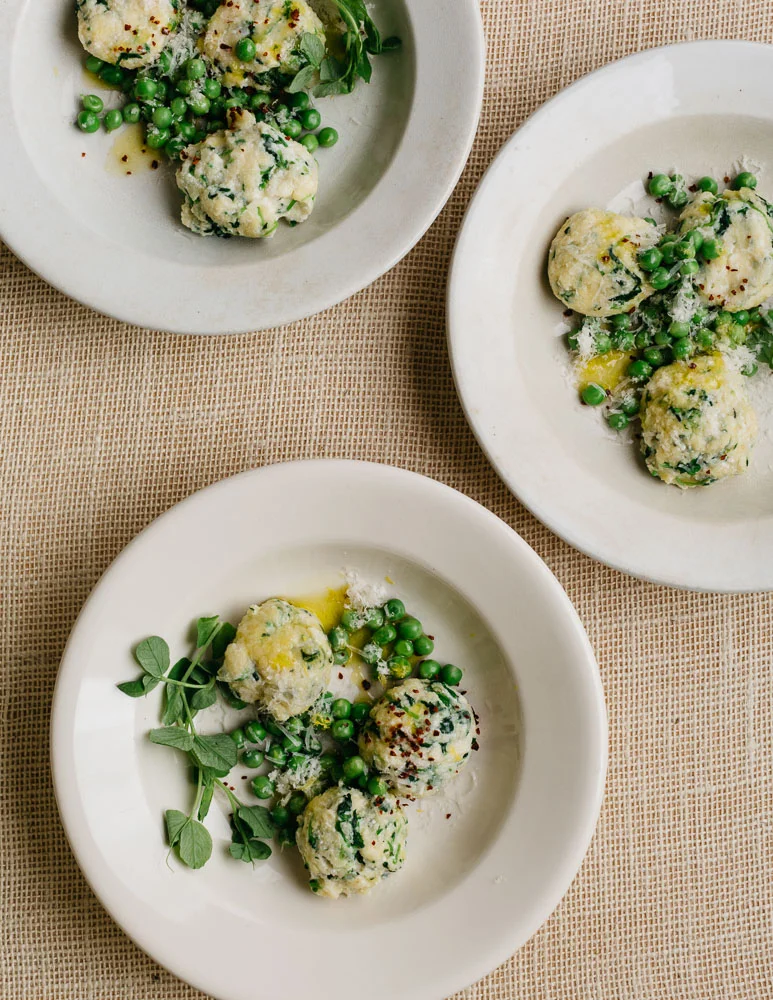 Ricotta and Pea Shoot Gnudi with Peas