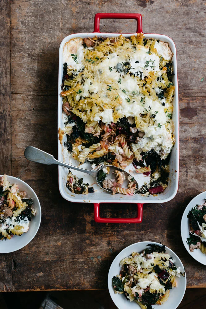 Baked Fusilli with Sautéed Dark Greens, Fennel Sausage, Ricotta, Mozzarella, Thyme and Mint