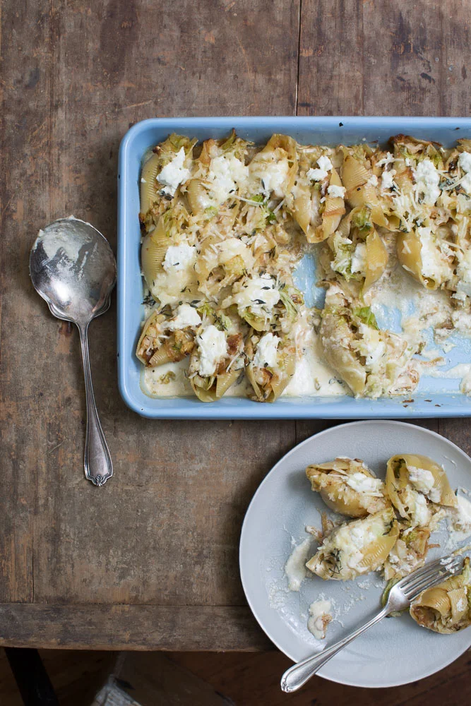Stuffed Jumbo Shells with Caramelized Onions and Leeks, Goat Cheese and Savoy Cabbage