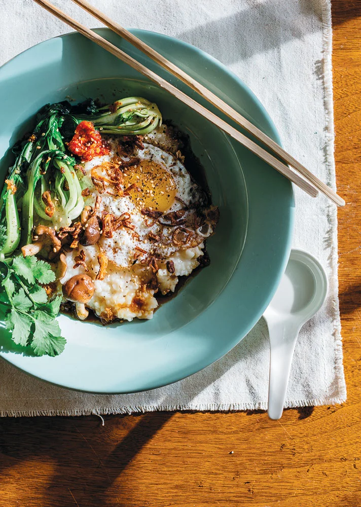 Jasmine Rice Congee with Baby Bok Choy, Mushrooms, and Fried Eggs 