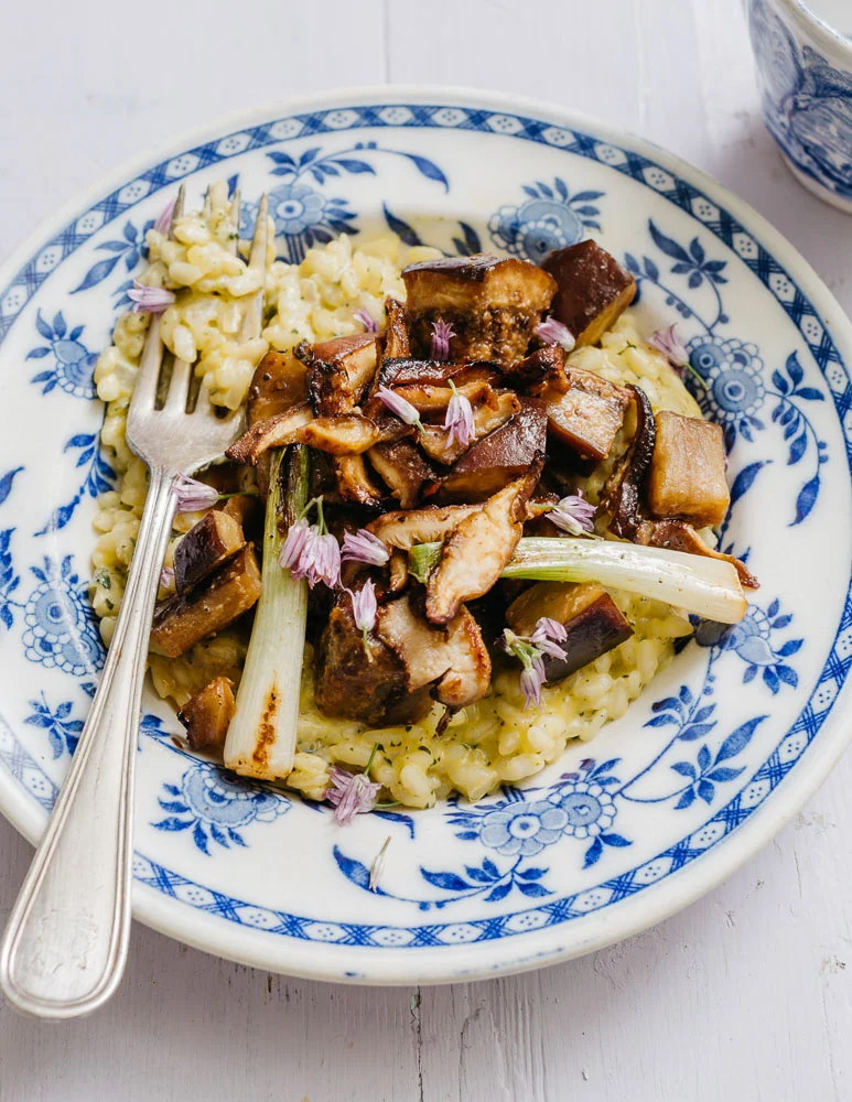 Red Miso Eggplant Risotto with Watercress, Sweet Onion &amp; Shiitake