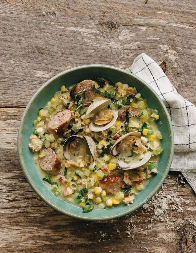 Corn and Little Neck Chowder with Sausage and Parmigiano