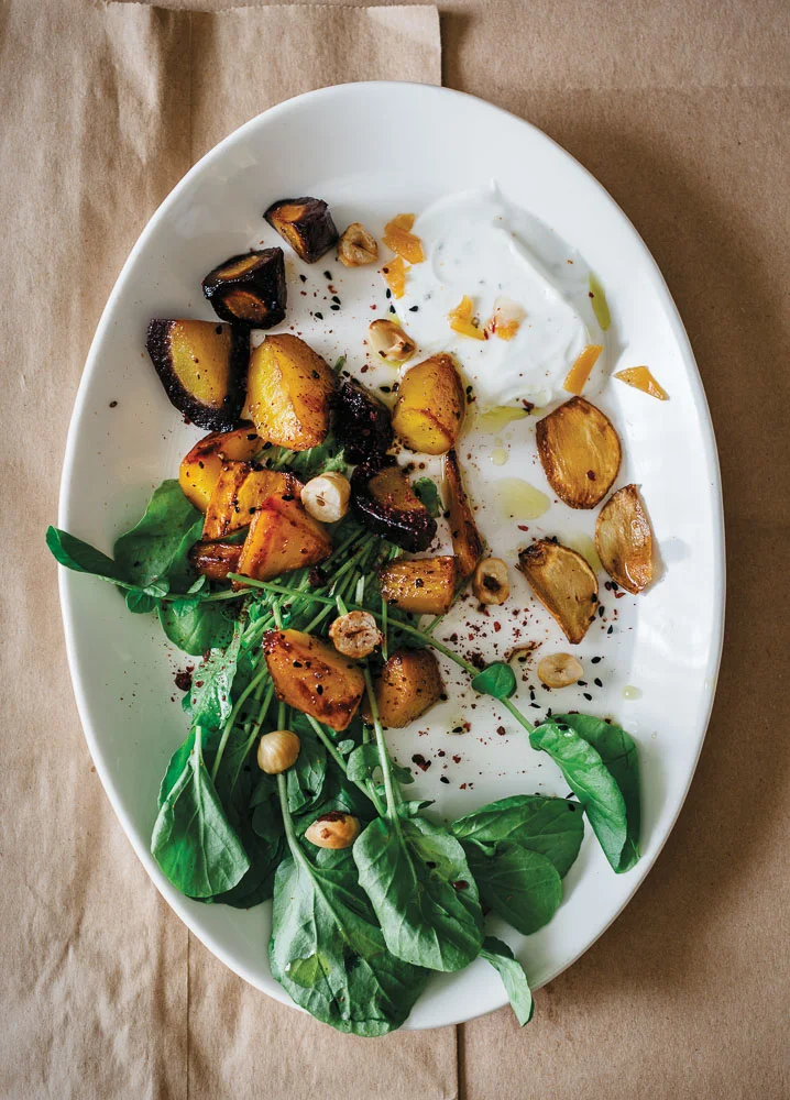 Roasted Heirloom Carrots with Argan Oil, Hazelnuts And Yogurt Dressing