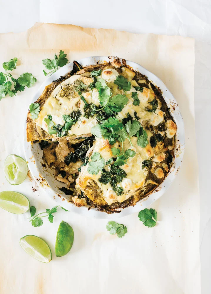 Chicken Tomatillo Tortilla Pie With Greens &amp; Cilantro