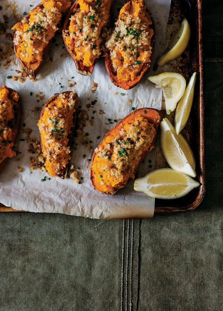 Twice Baked Sweet Potatoes With Nutritional Yeast &amp; Maple Syrup