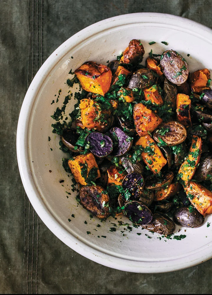Roasted Sweet &amp; Purple Potatoes With Green Chili-Cilantro Chimichurri