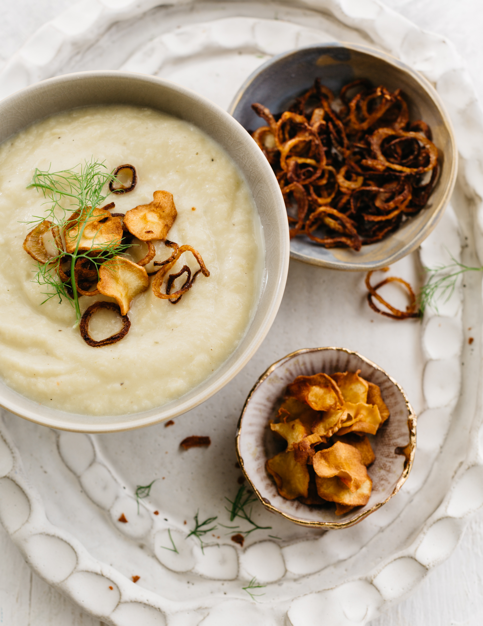 Parsnip and Fennel Soup with Crispy Parsnip Chips and Fried Shallots