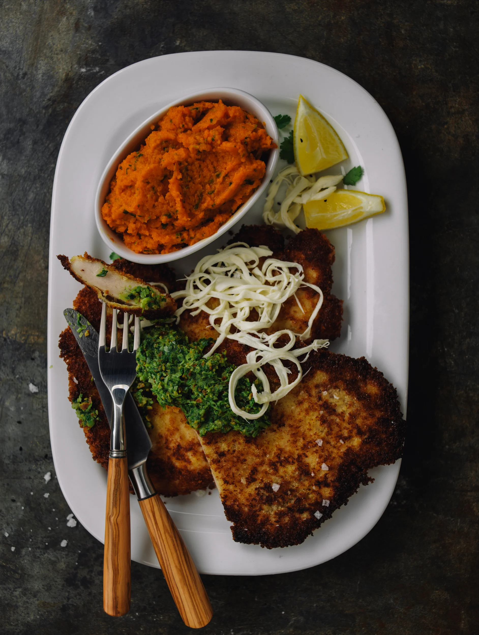 Flattened Chicken Paillards with Green Garlic-Parsley Pesto and Carrot-Cilantro Mash