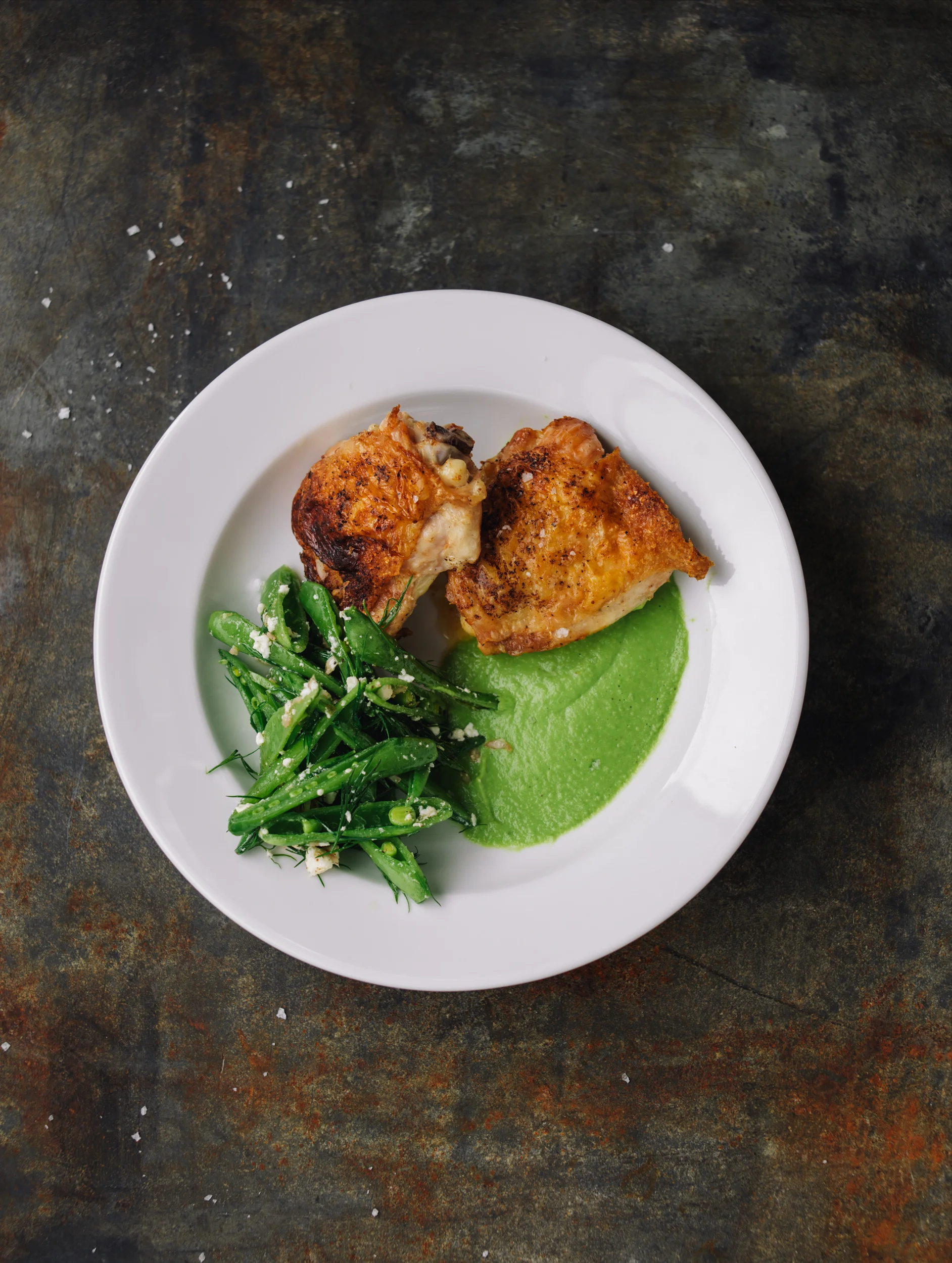 Pan-Roasted Chicken Thighs with Blitzed Pea Sauce and Sugar Snap Pea Salad