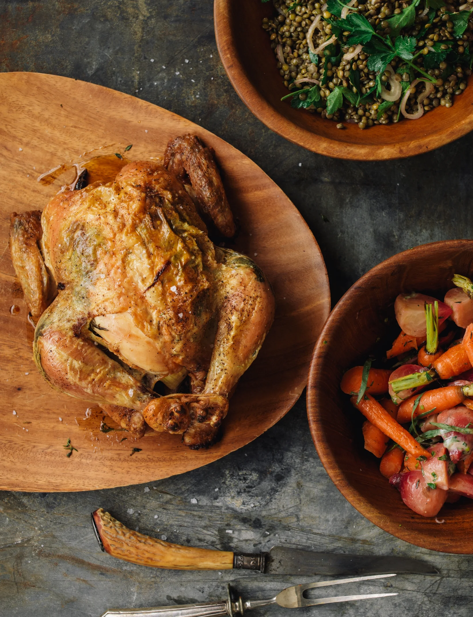 Roasted Whole Tarragon Chicken with Baby Chioggia Beets and Carrots in Chive-Crème Fraîche Vinaigrette and Lentil-Parsley Salad