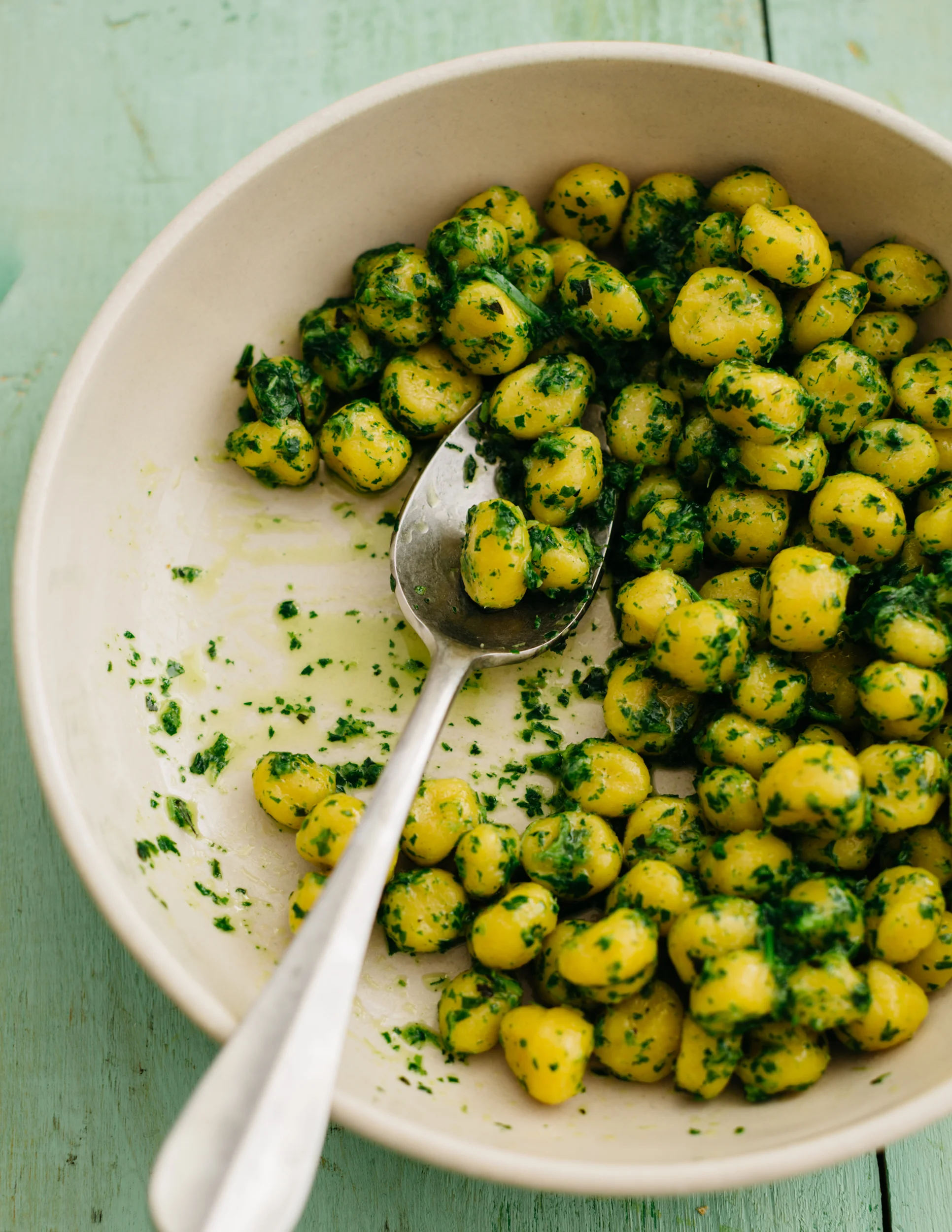Saffron Semolina Dumplings with Herb Pistou