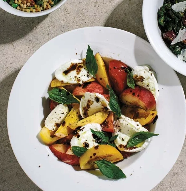 Heirloom Tomato and Peach Salad with Mozzarella di Bufala