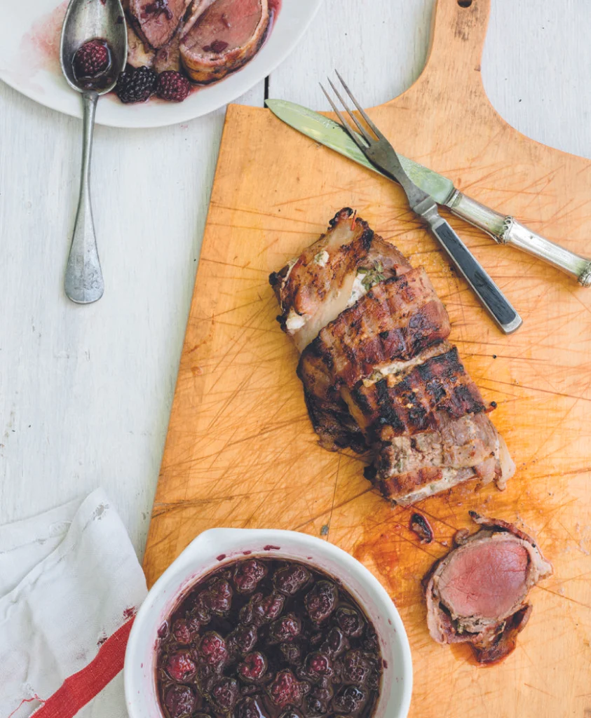 Grilled Venison with Goat Cheese, Bacon and Blackberry Sauce