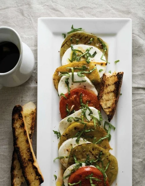 Grilled Caprese Salad with Green Heirloom Tomatoes