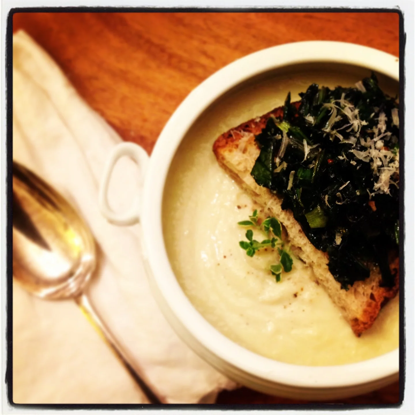 Kohlrabi, Cauliflower &amp; Turnip Soup with Garlicky Greens on Toast