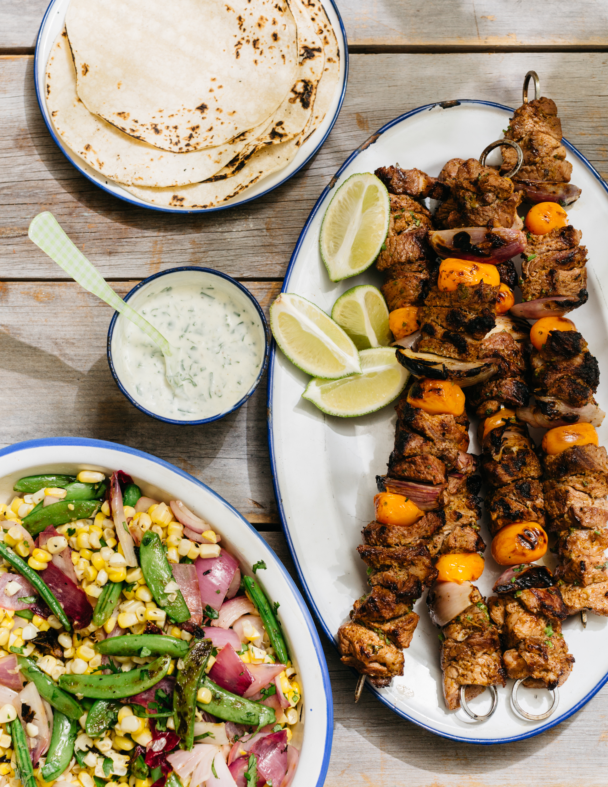 Grilled Mexican Lamb on a Stick, Sweet Corn + Sugar Snap Pea Salad with Cilantro