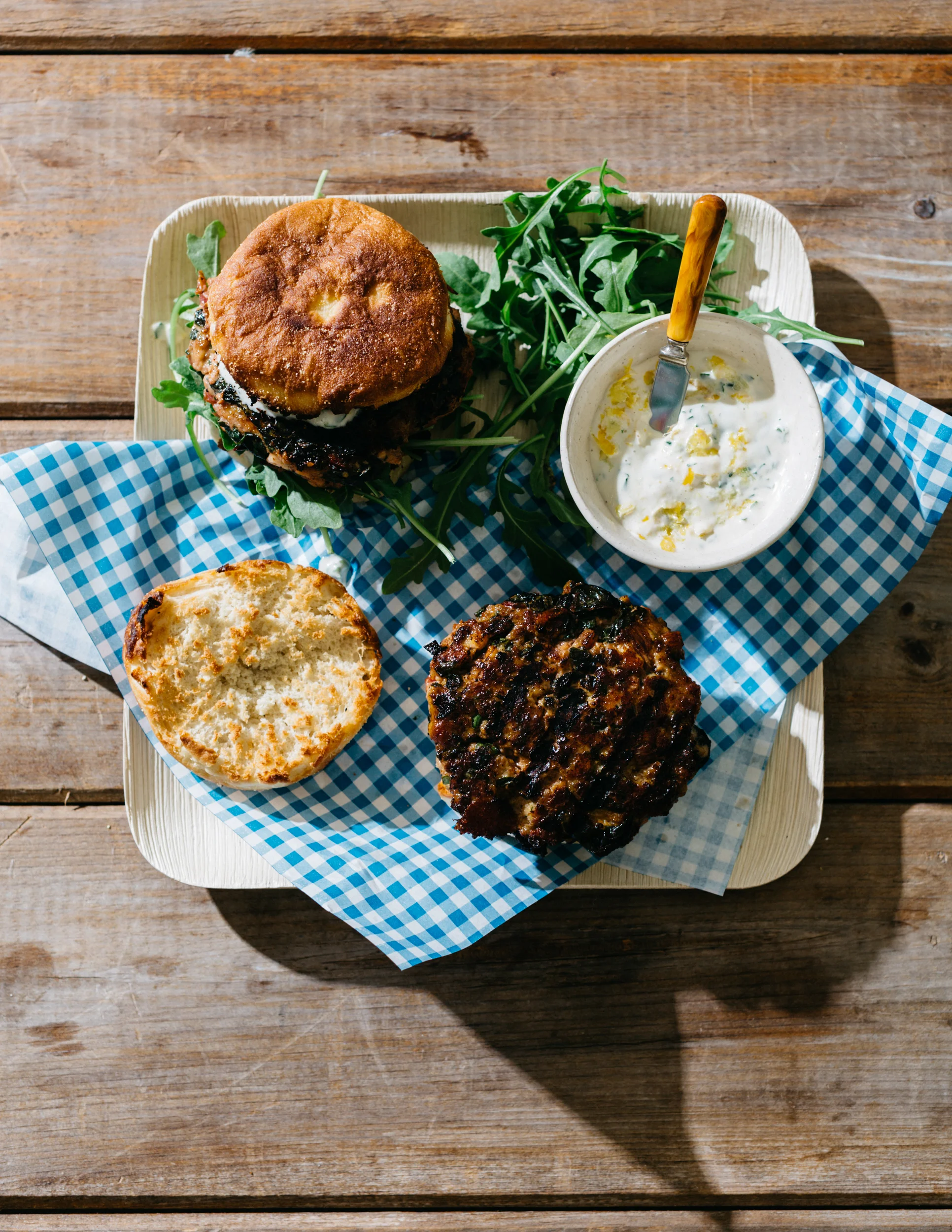 Turkey-Swiss Chard Burgers with Arugula and Lemon-Basil Aioli
