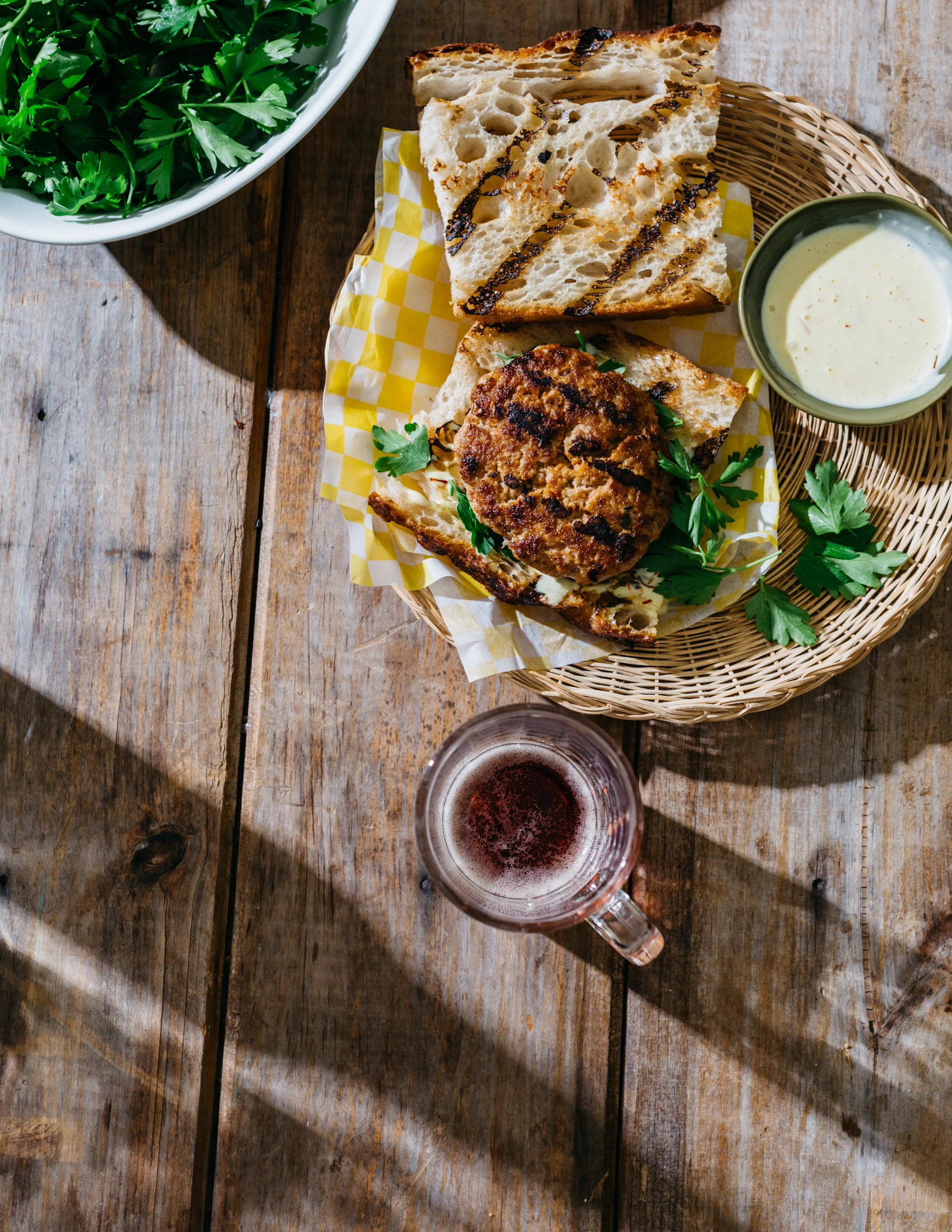 Spanish Chorizo Burgers with Parsley Salad and Saffron Aioli