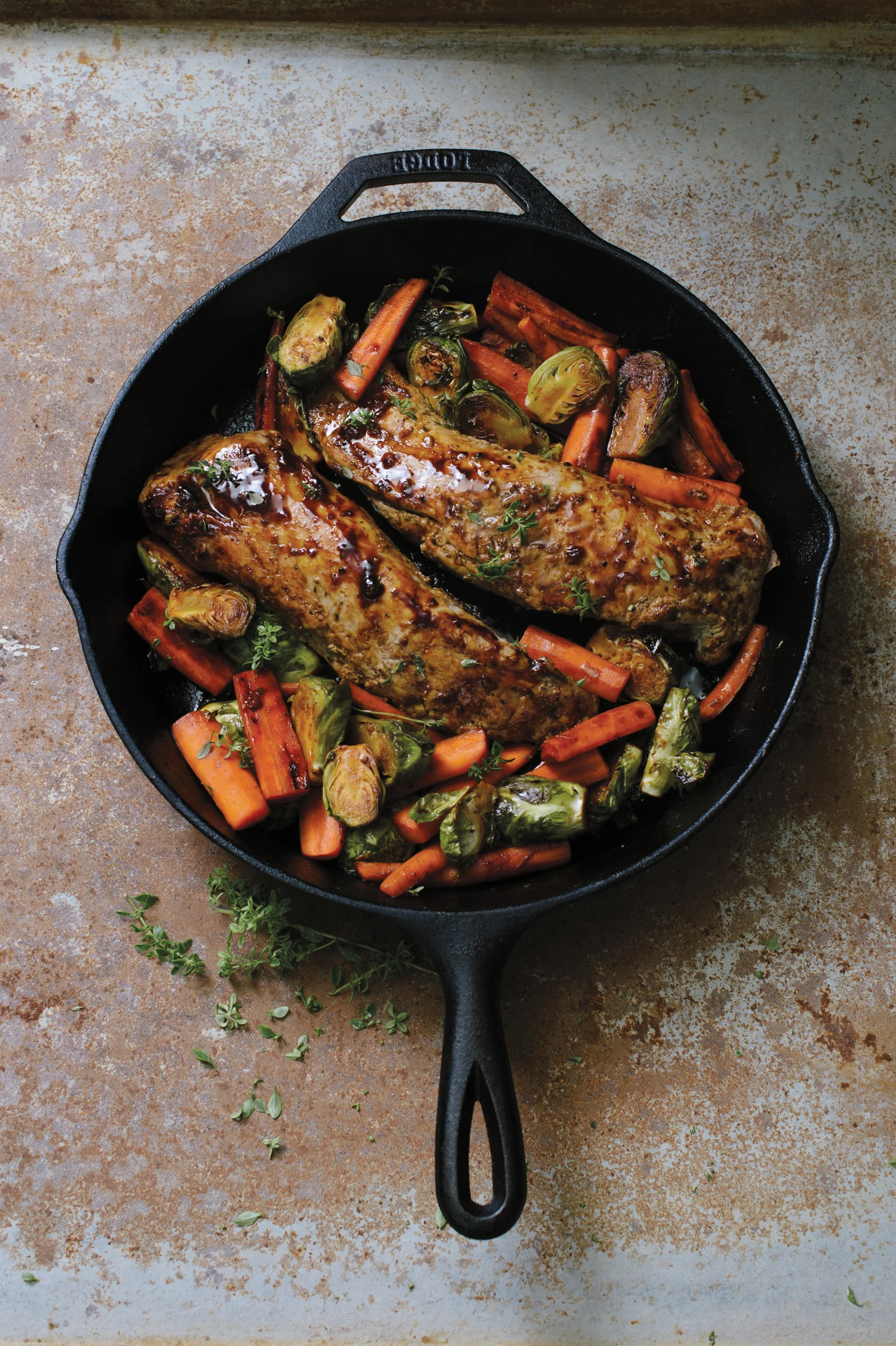 Cider-Glazed Pork Loin with Carrots and Brussels Sprouts