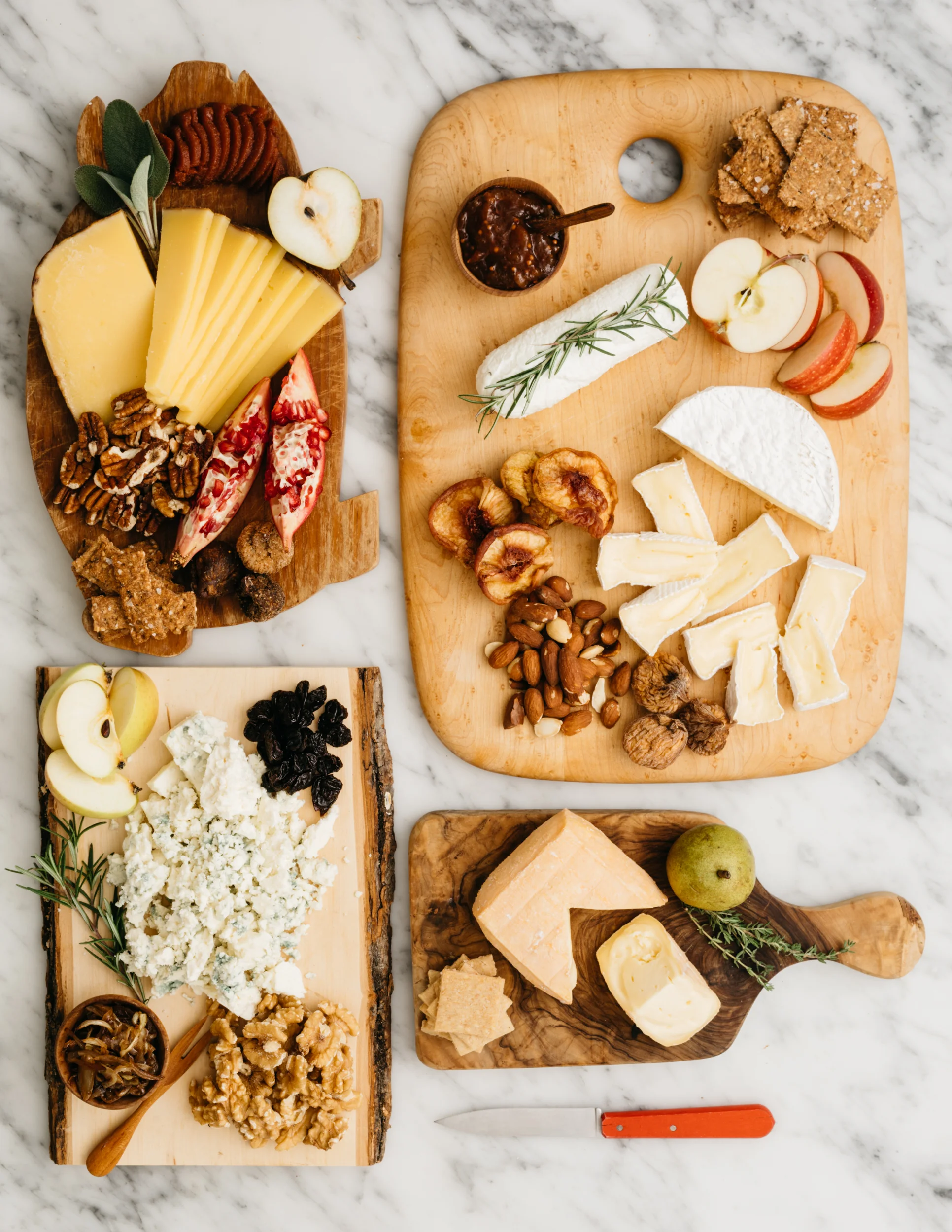 MASSACHUSETTS CHEESES, clockwise starting at top left: Robinson Farm’s A Barndance, Hardwick ; Westfield Farm Capri , Hubbardston ; Cricket Creek Farm’s Berkshire Bloom, Williamstown ; Grey Barn’s Prufrock, Chilmark ; Great Hill Dairy’s Great Hill Blue, Marion.