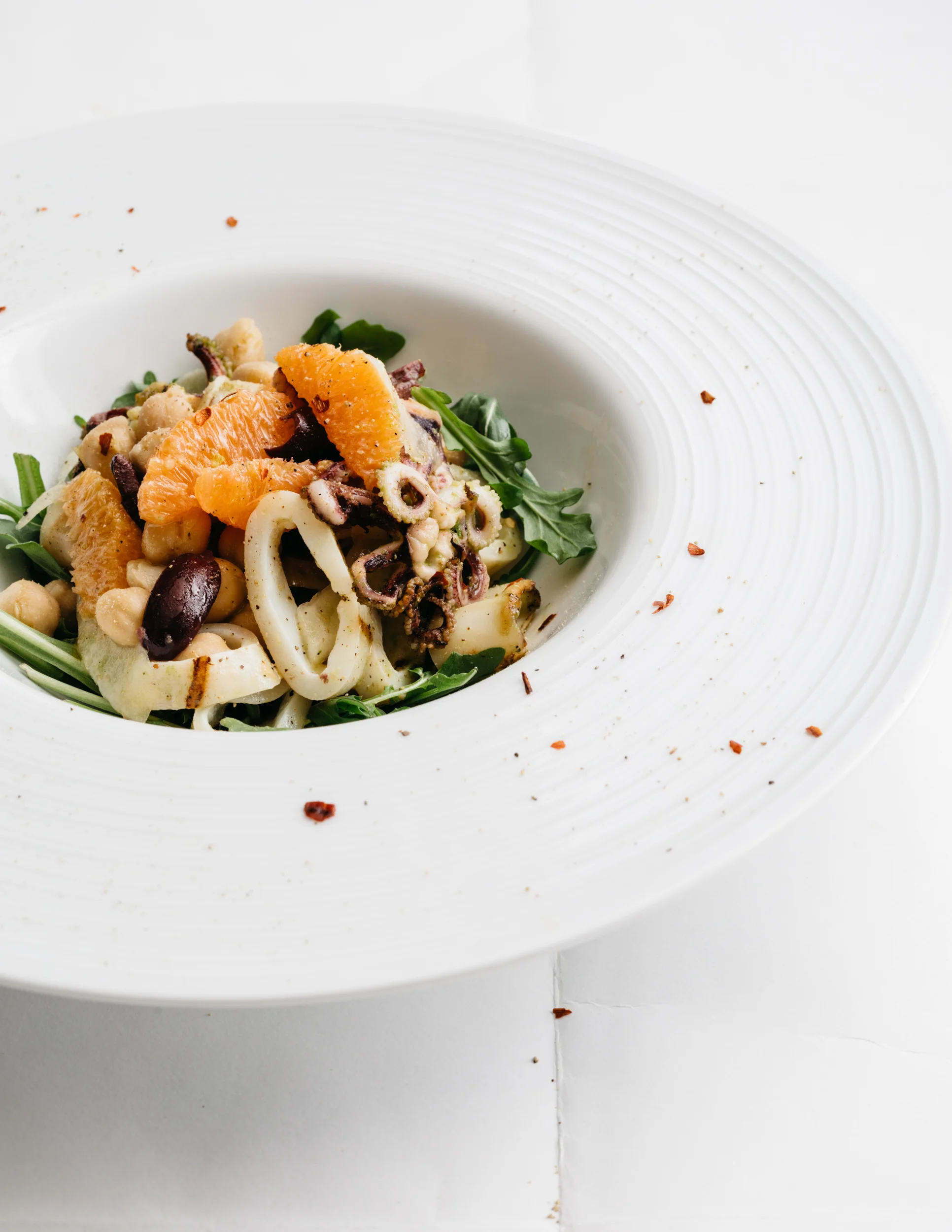 Grilled Squid with Chickpeas, Olives and Orange