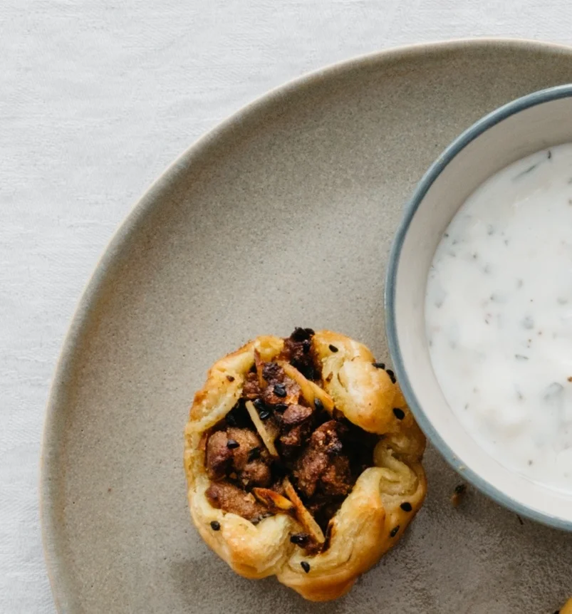 Curried Lamb and Almond Puffs with Yogurt-Mint Sauce