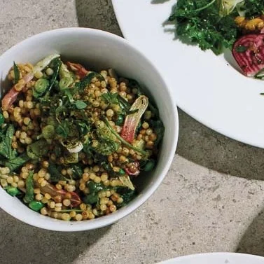 Israeli Couscous Salad with Za’atar Roasted Radishes and Greens