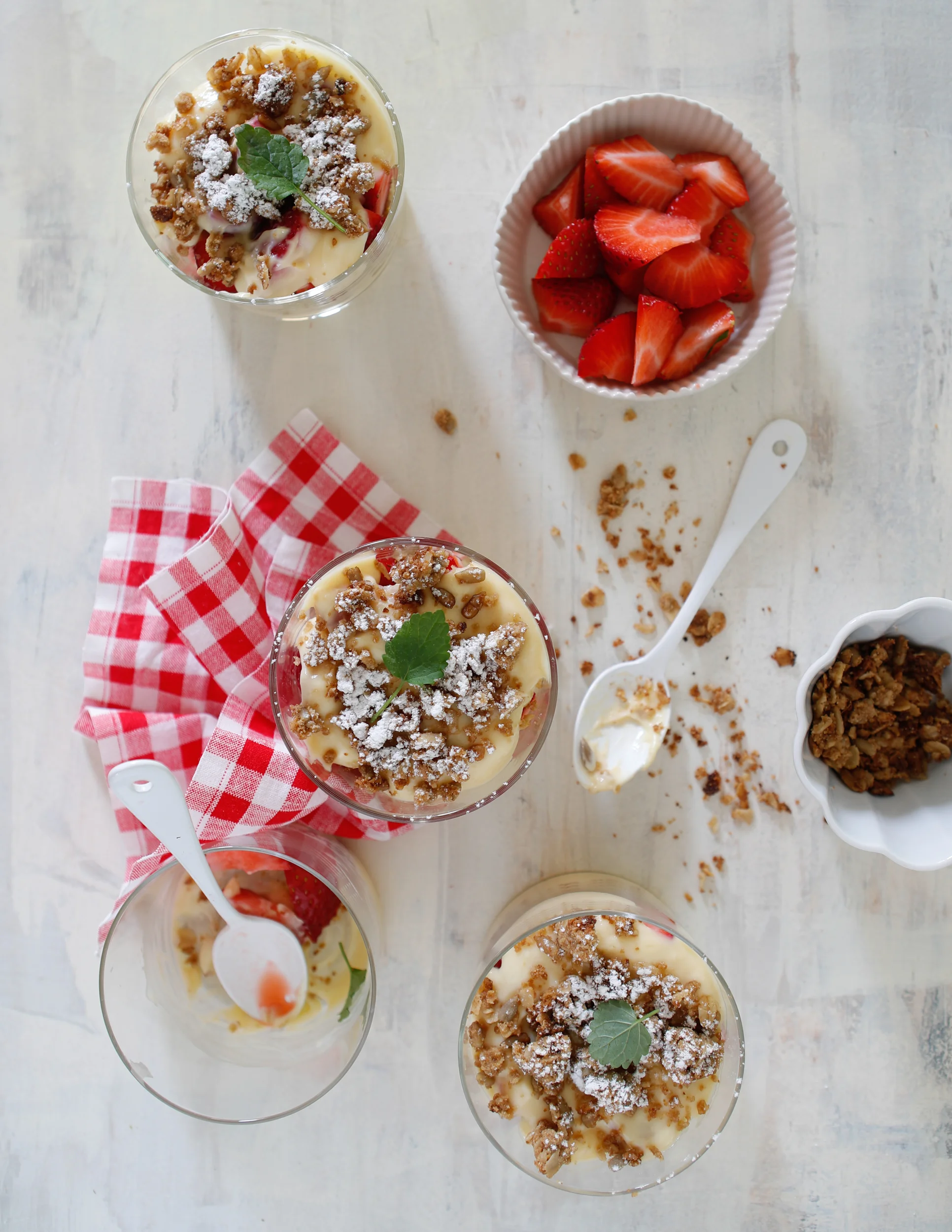 Summer Verrines with Strawberries, Vanilla Custard and Crumble