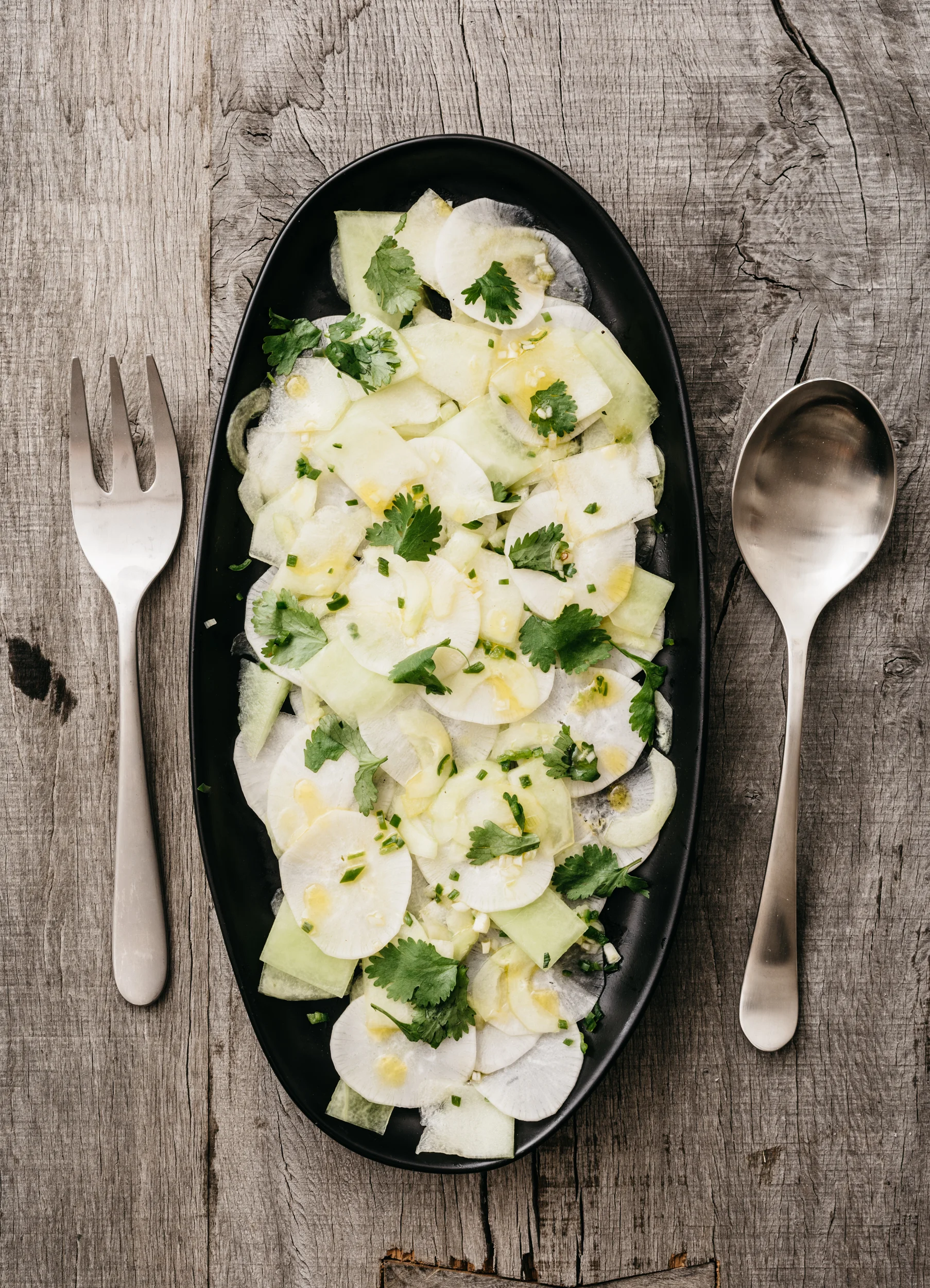 Honeydew and Cucumber Salad with Daikon, Cilantro and Chilies