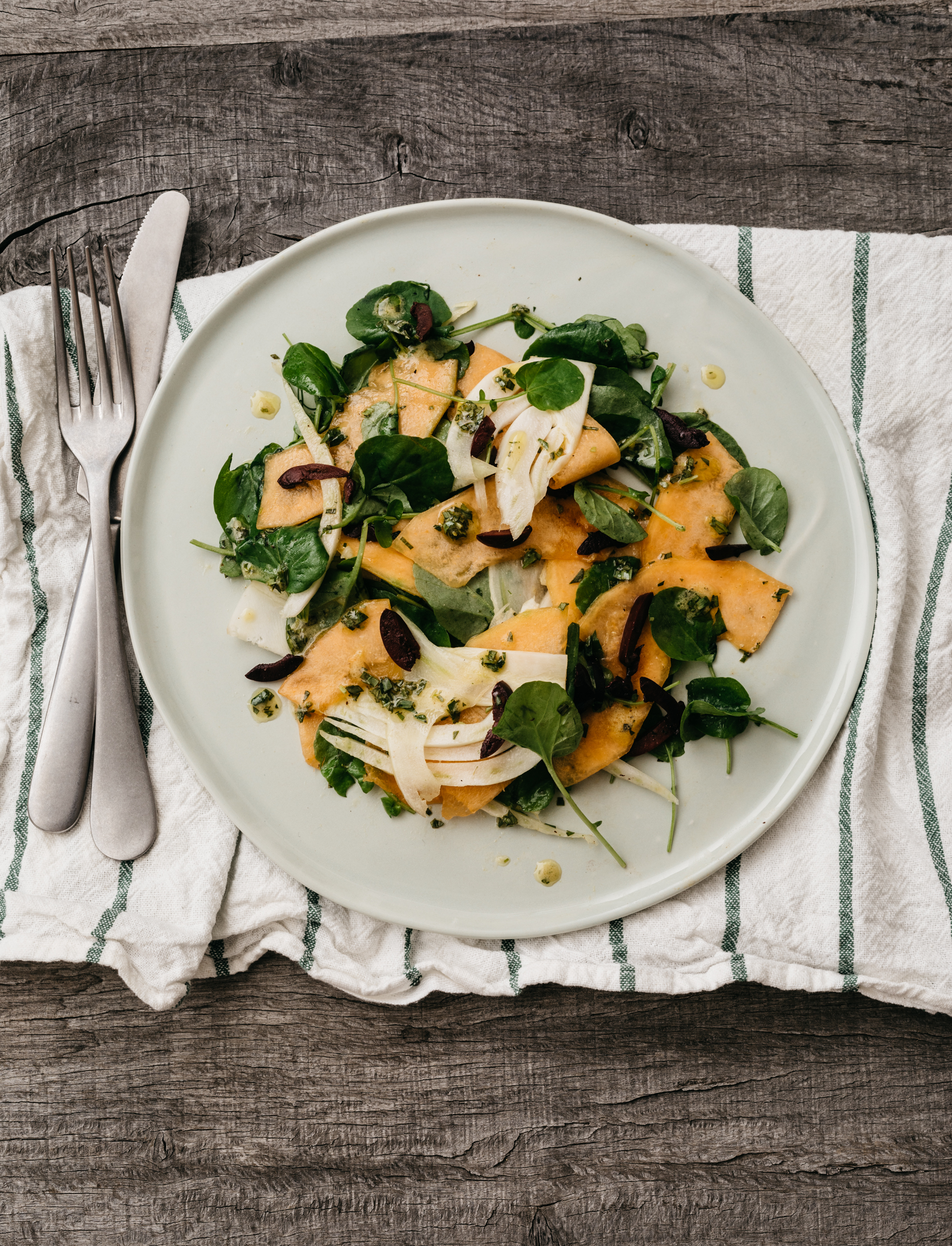 Cantaloupe and Cress Salad with Fennel, Black Olives and Tarragon Vinaigrette
