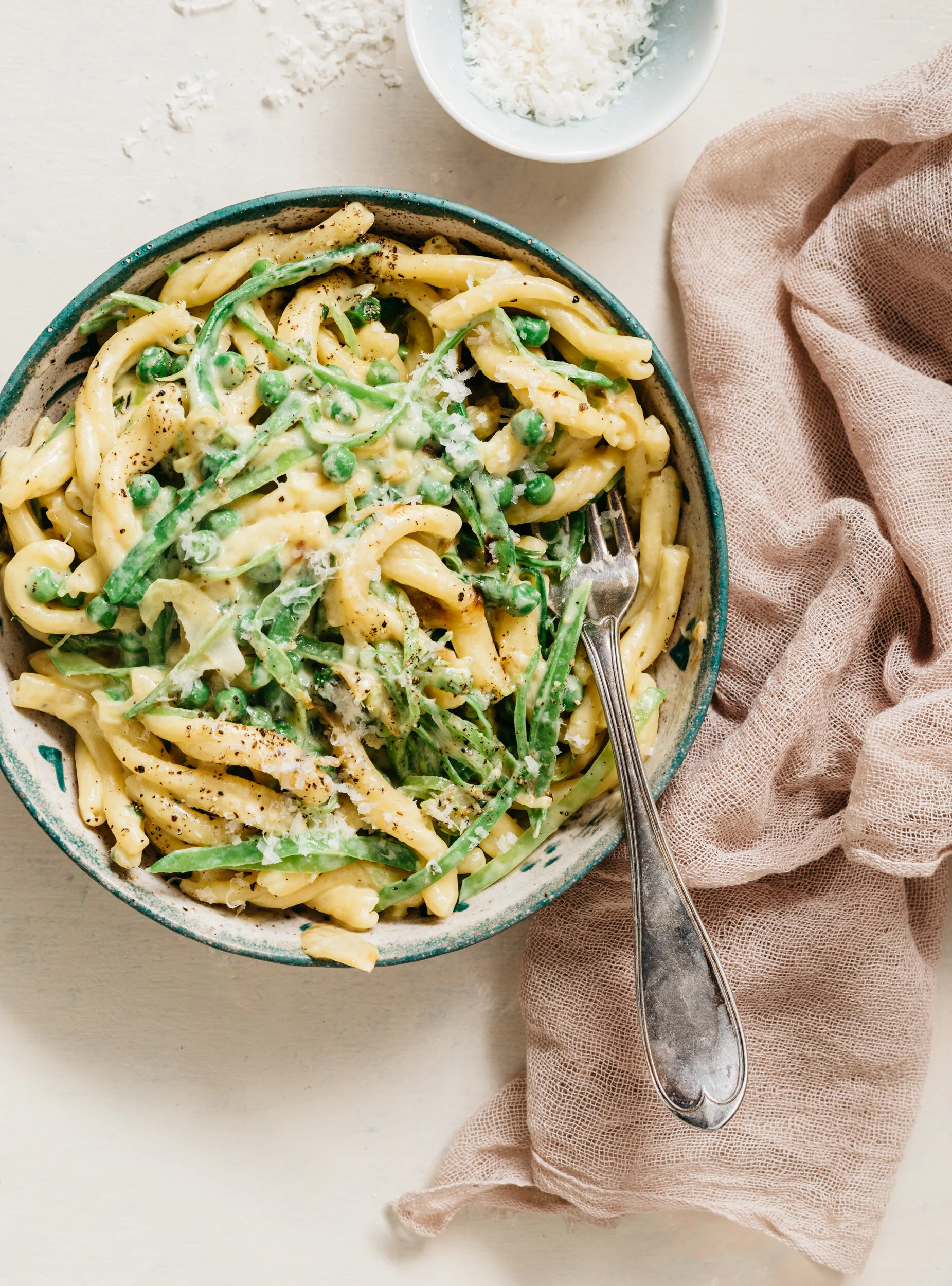 Sweet Pea and Spring Onion Carbonara with Pecorino Romano