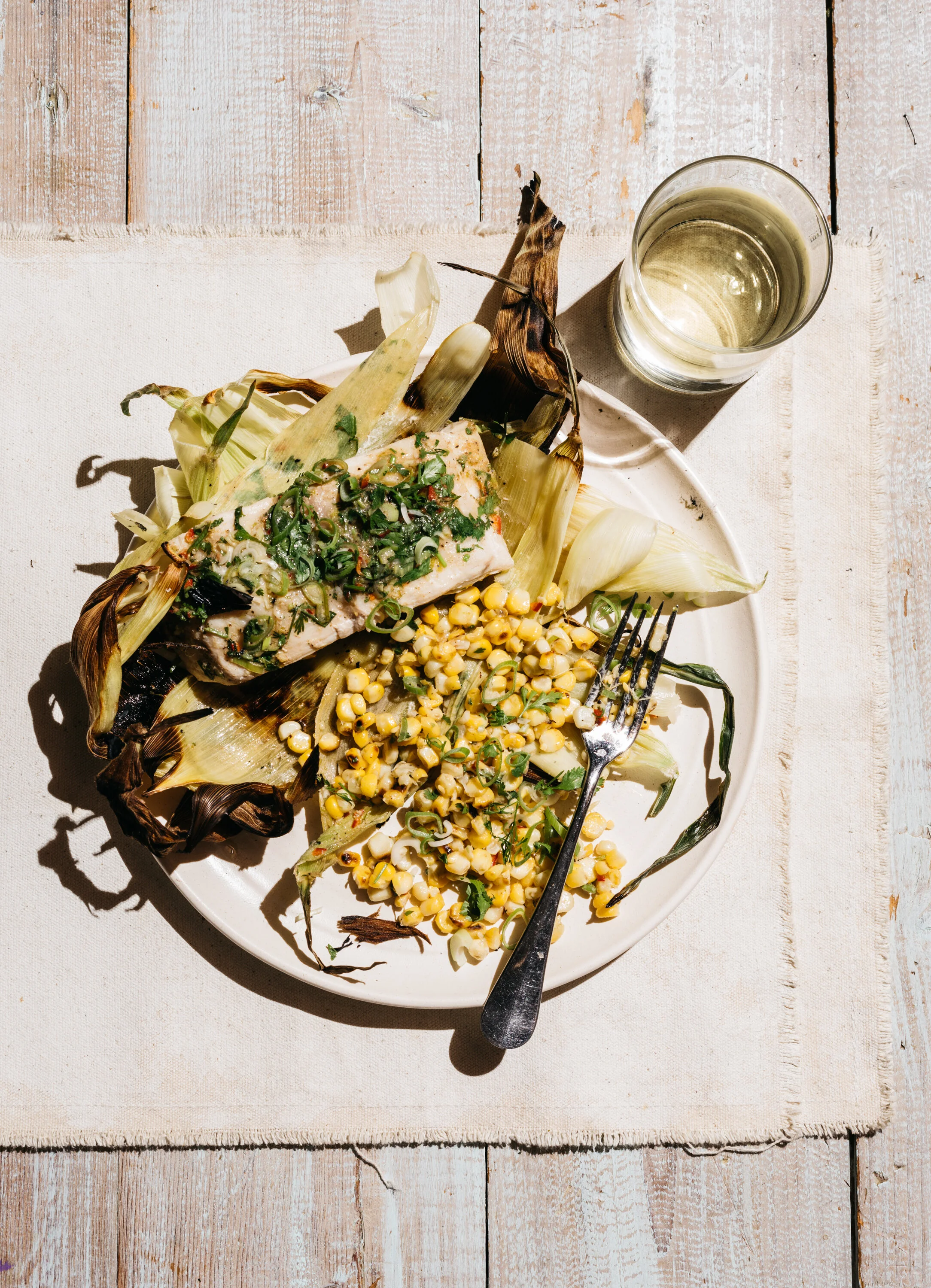 Grilled Striped Bass in Corn Husk Pouches