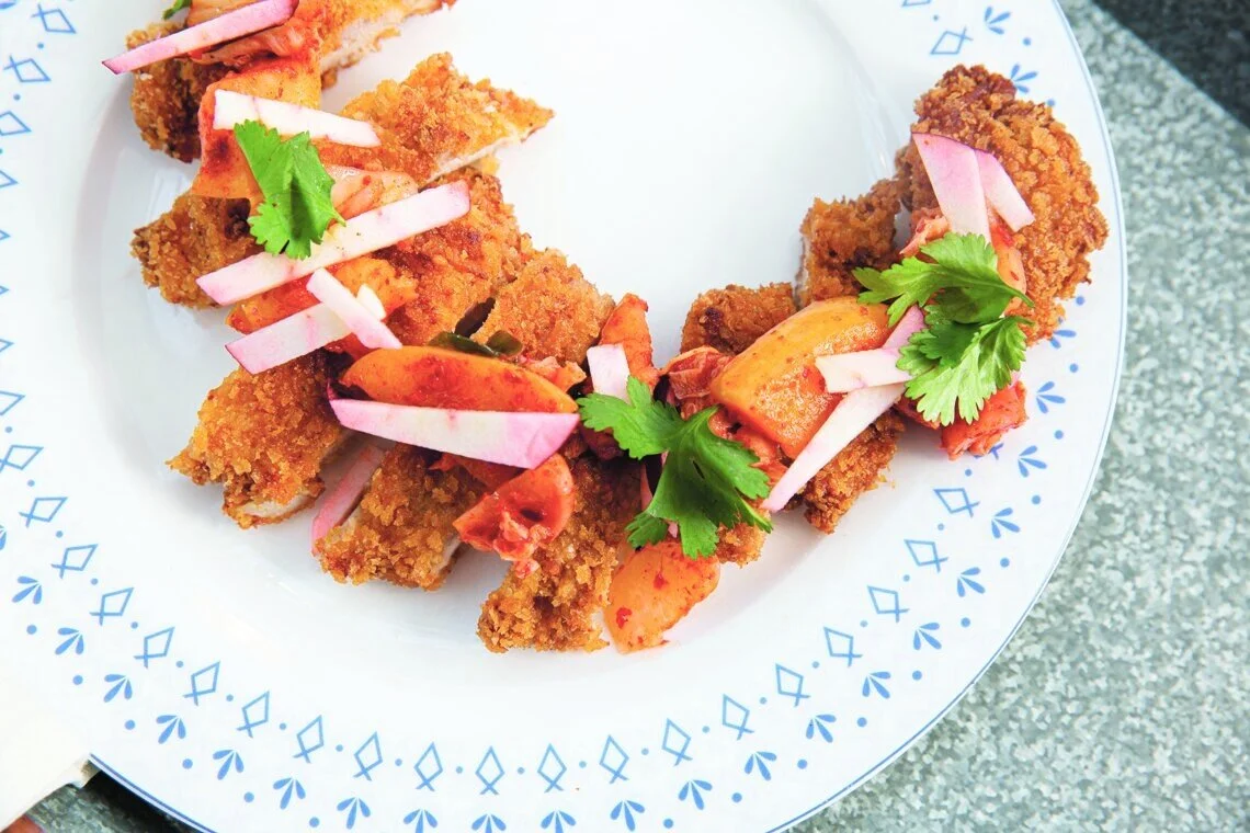 Panko Crusted Chicken with Apple Radish Kimchi