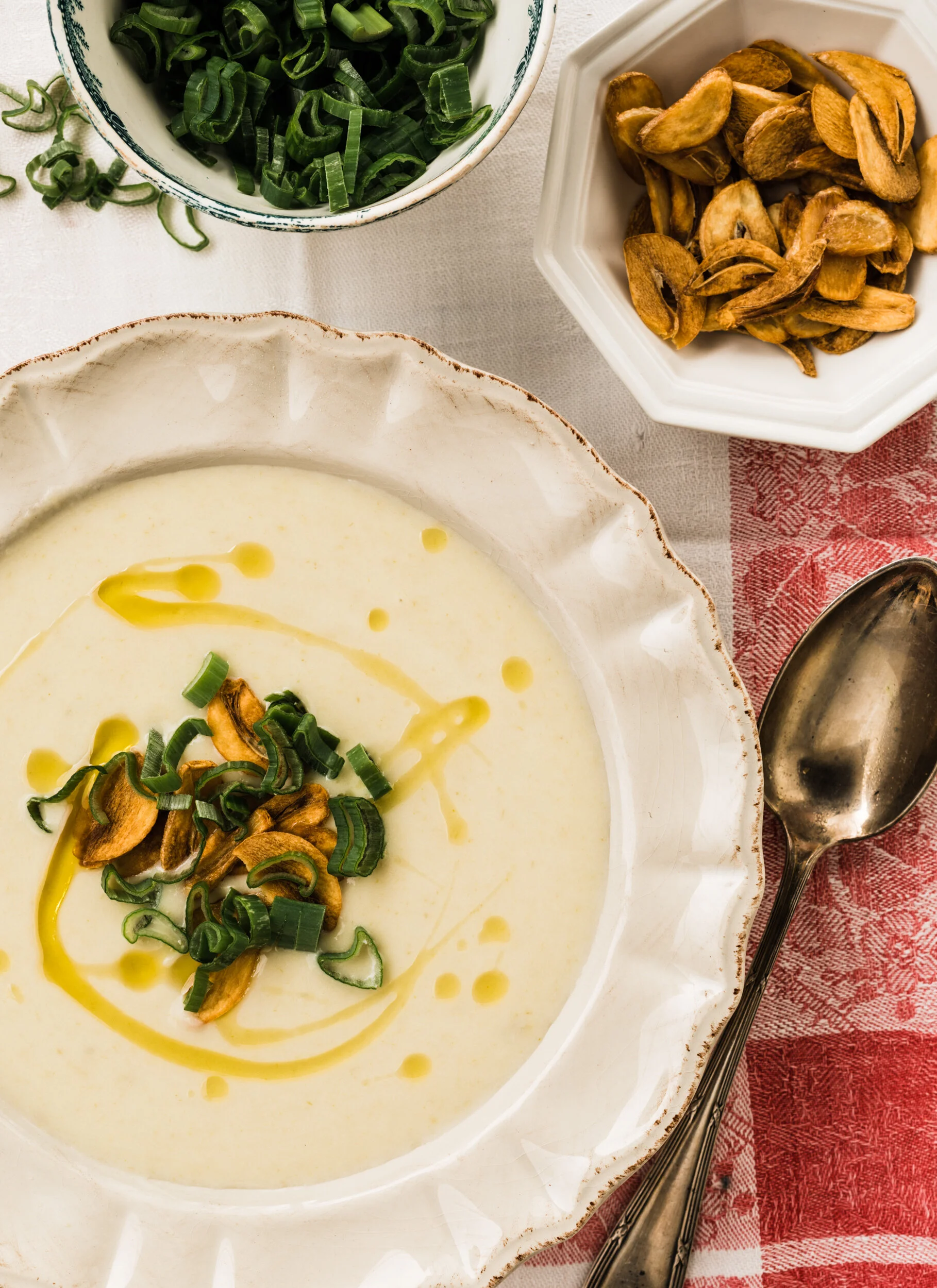 Vichyssoise with Garlic Chips and Garlic Oil