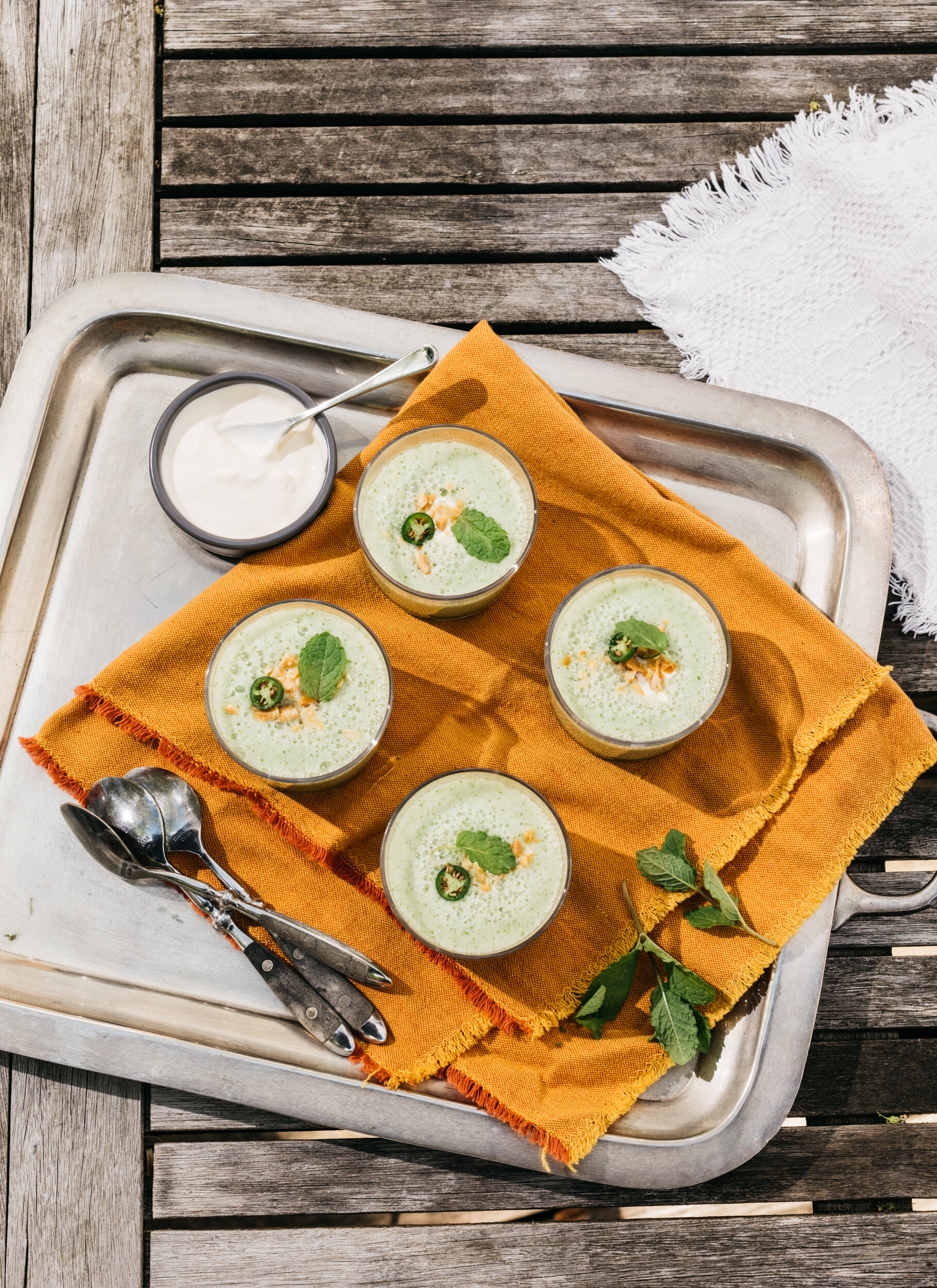 Honeydew Melon Soup with Serrano Chili, Crèma and Roasted Almonds