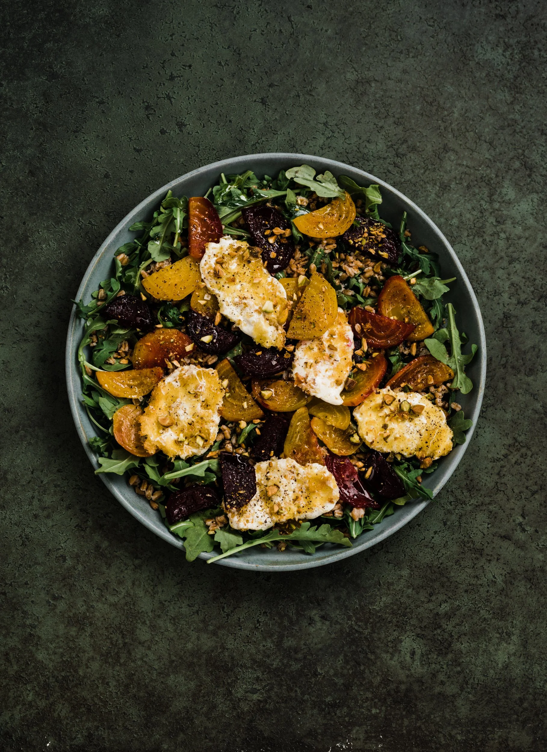 Fried Cheese and Roasted Beet Salad with Farro