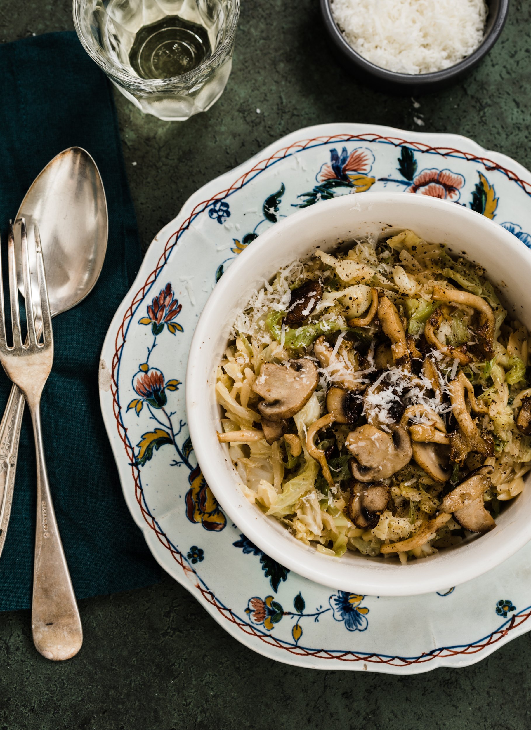Caramelized Cabbage and Orzo Risotto with Buttery Sauteed Mushrooms