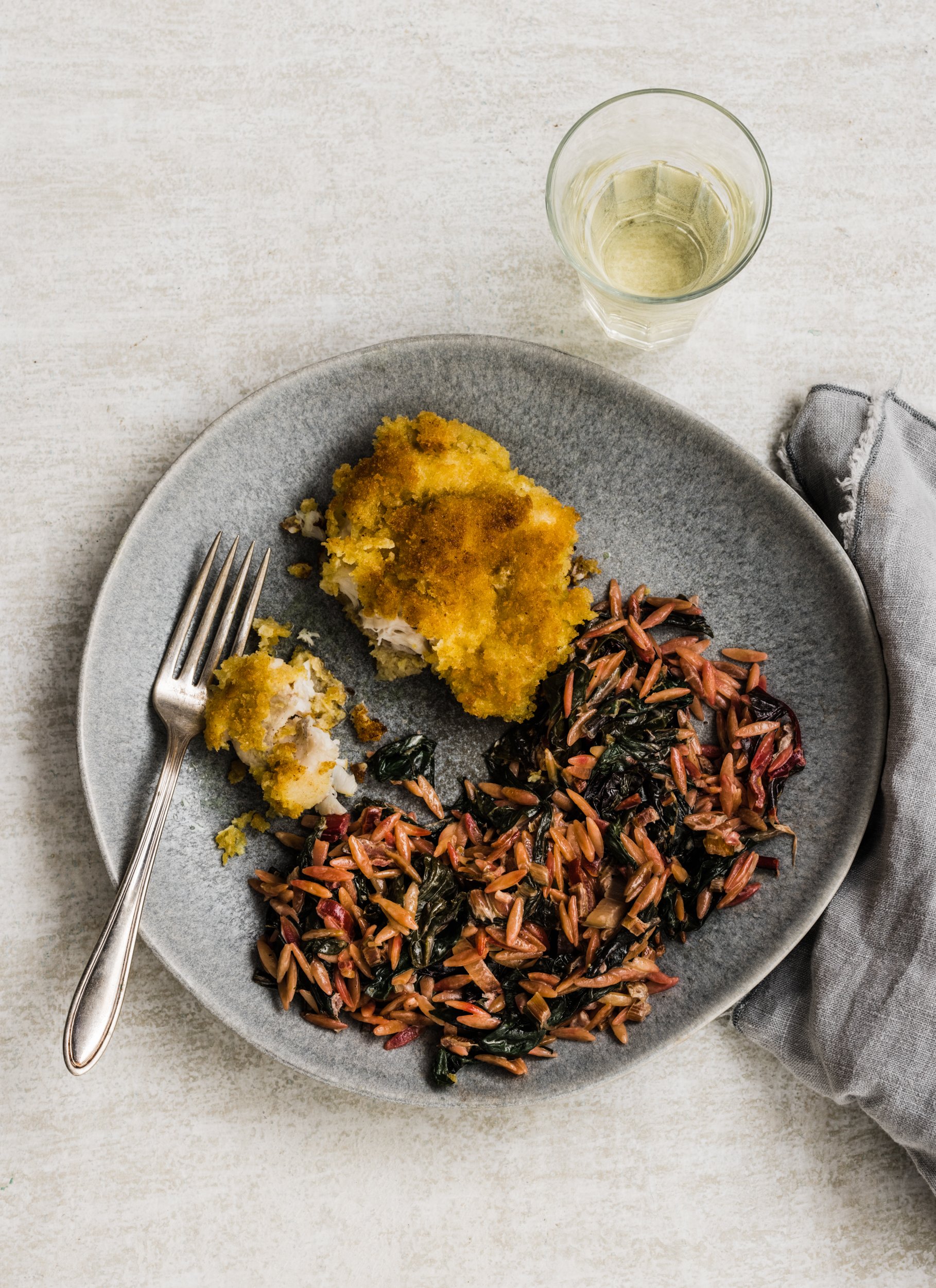 Monkfish Cutlets with Orzo and Creamy Swiss Chard