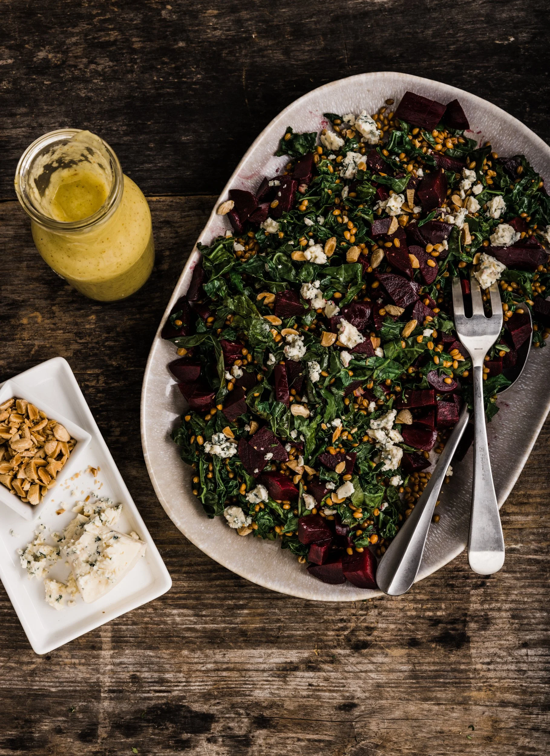 Local Wheat Berry Salad with Beets, Blue Cheese, Kale and Roasted Apple Vinaigrette