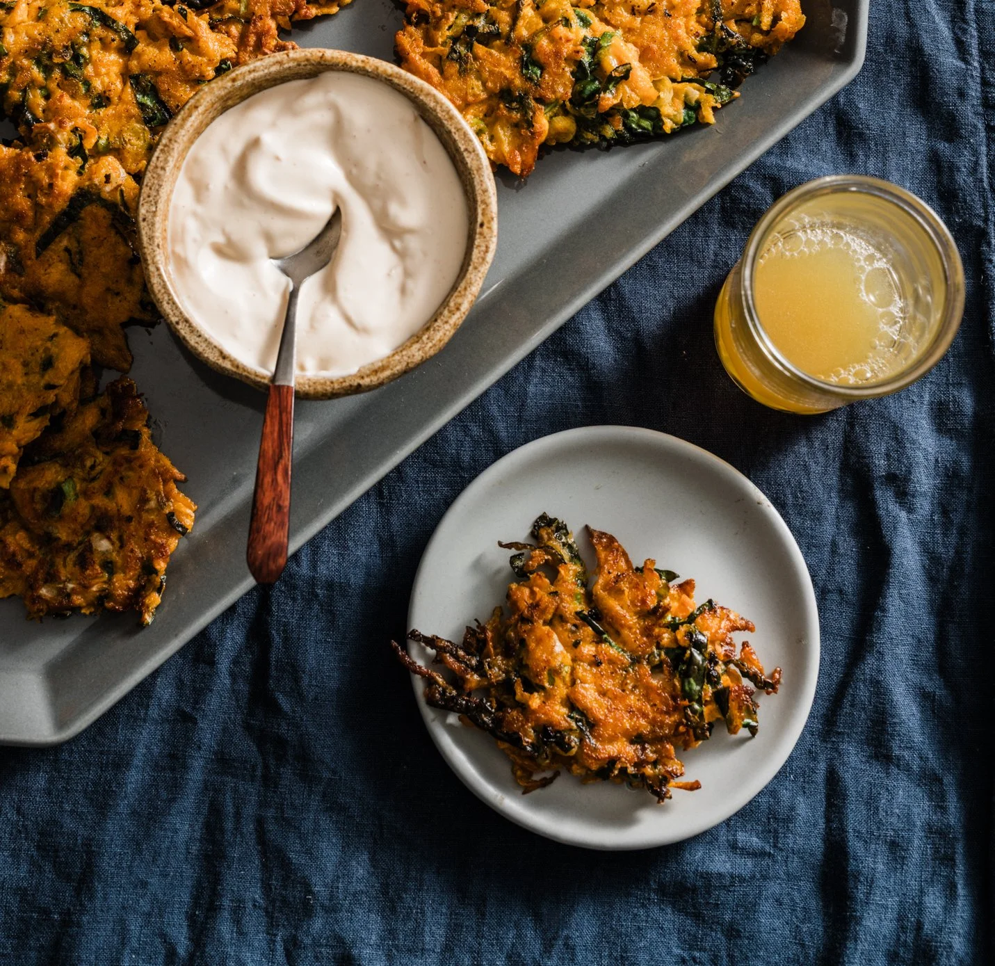 Sweet Potato and Kale Fritters with Kimchi