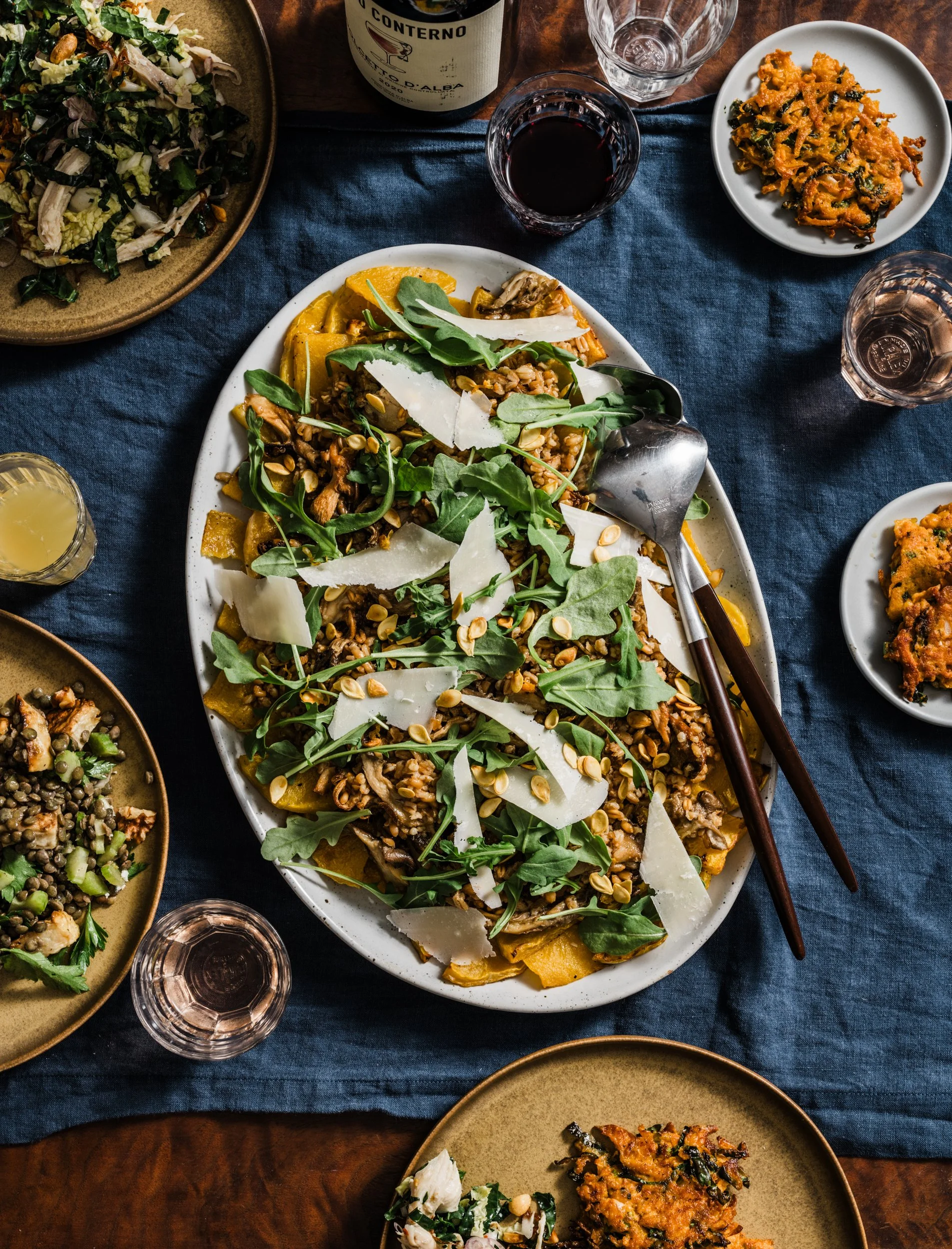 Composed Farro Salad with Butternut Squash, Mushrooms and Arugula