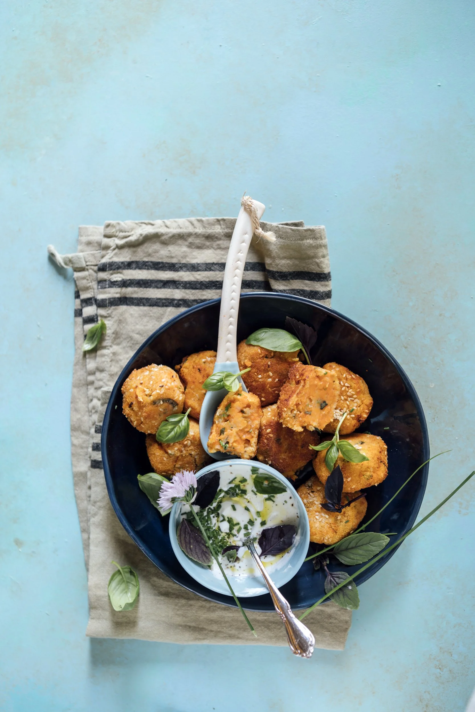 Carrot and Potato Croquettes with Sesame Seeds and Zesty Yogurt Sauce