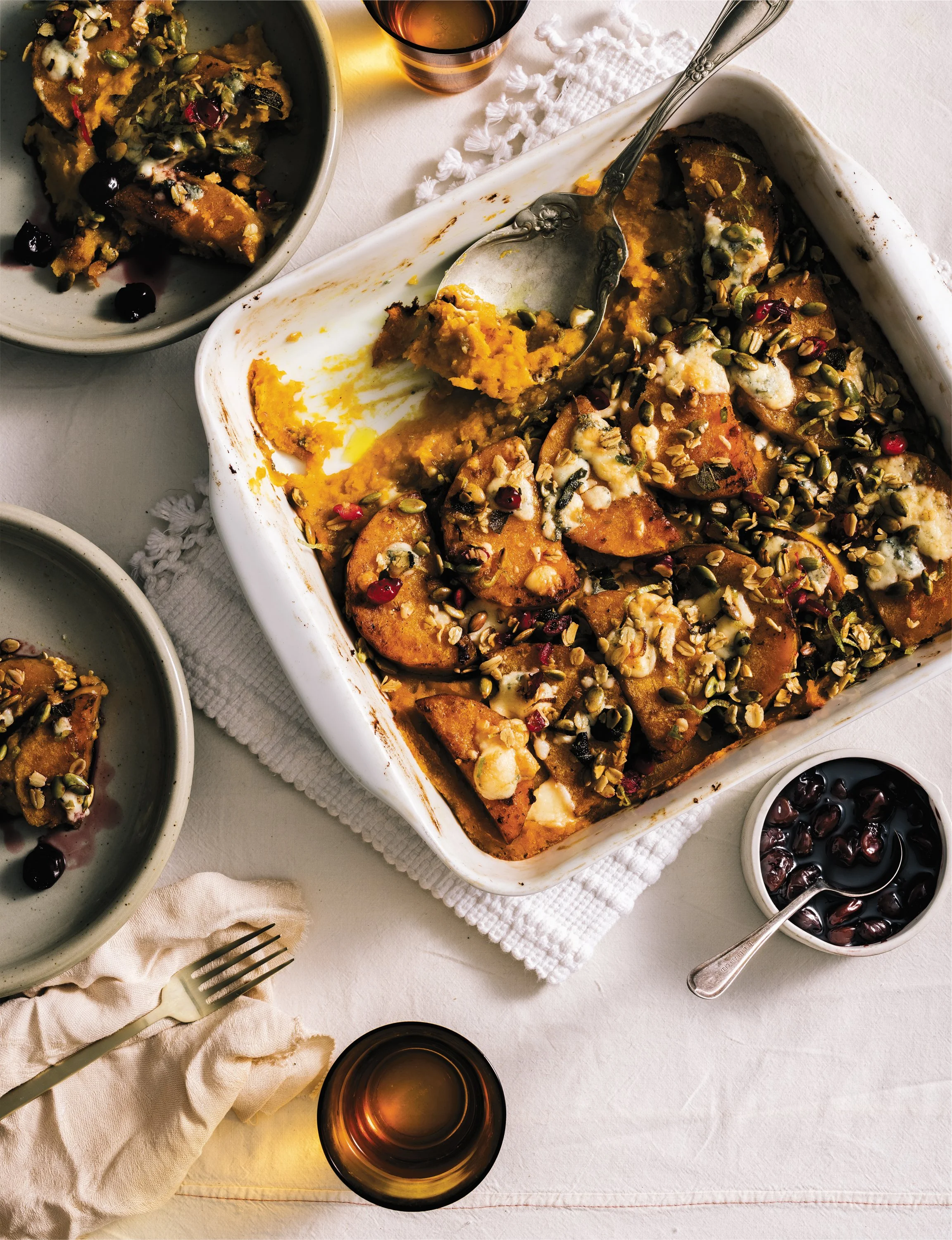 Butternut Squash Gratin with Pumpkin Seed Streusel and Blue Cheese